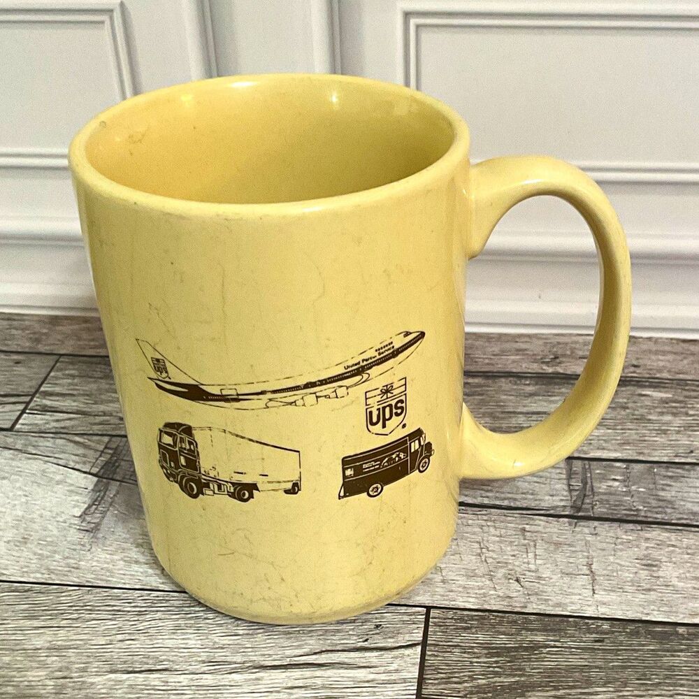 UPS Beige Advertising Mug with Airplane & Delivery Truck Graphics